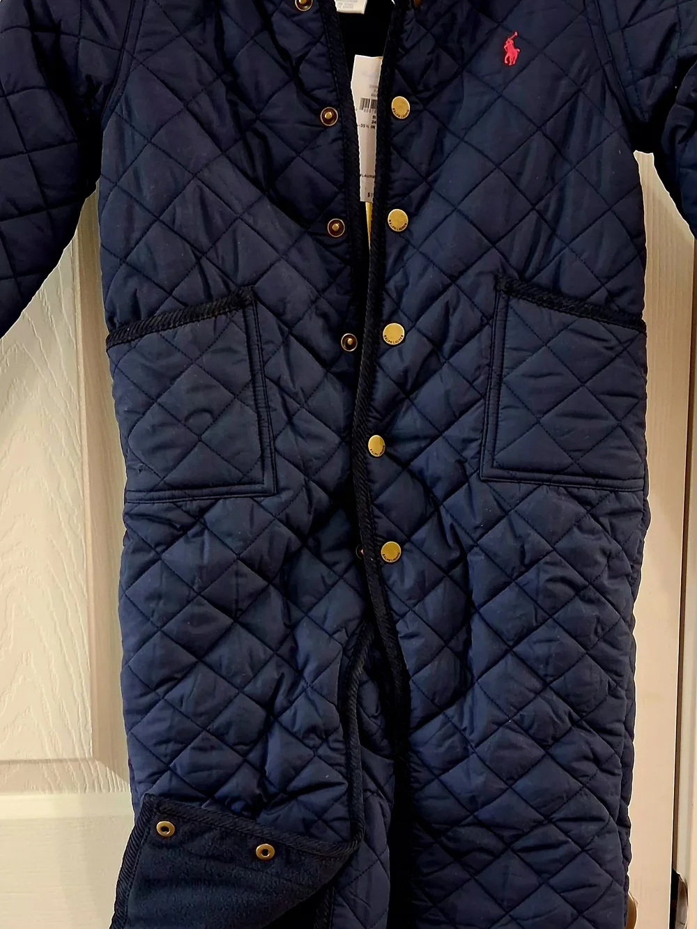 Ralph Lauren Quilted Navy Hooded Puffer Romper with Red Pony